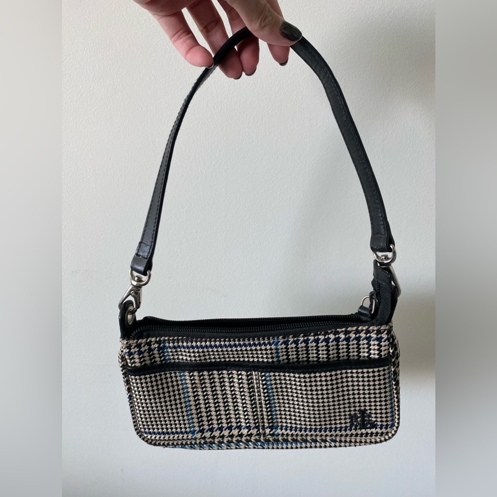 Vintage Ralph Lauren small black, white, and blue houndstooth hand bag.
